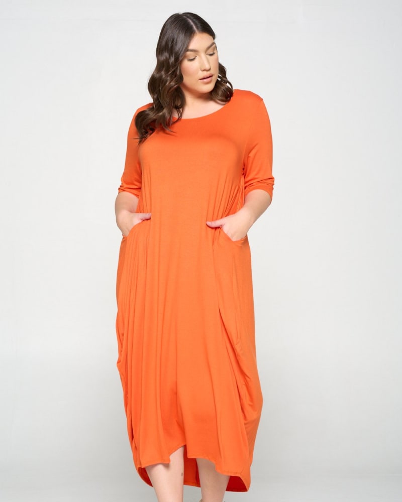 Front of a model wearing a size 1X Nevaeh Midi Dress in Rust by L I V D. | dia_product_style_image_id:240879